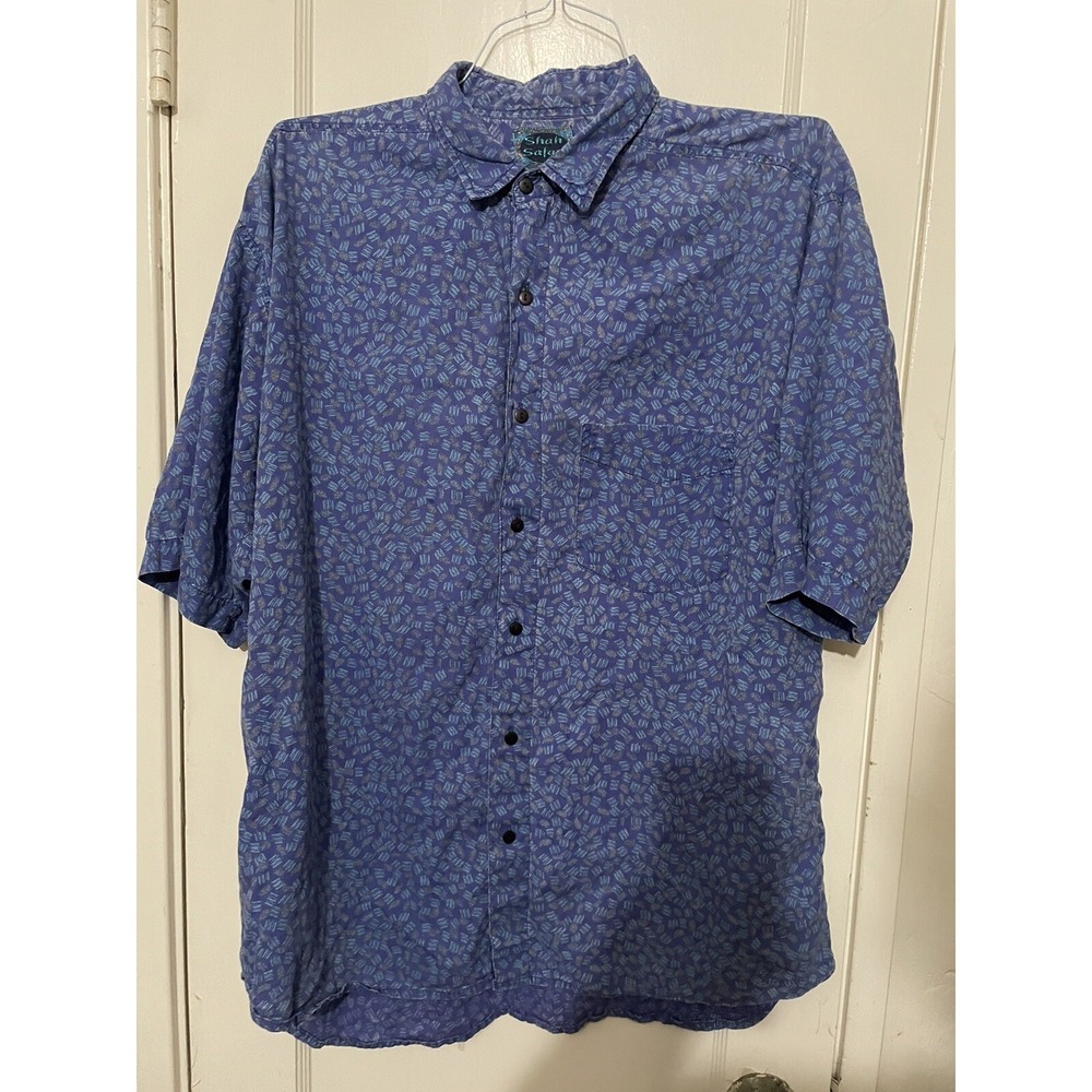 Vintage Shah Safari Hawaiian Shirt Mens XL Blue Made in Nepal 100% Cotton